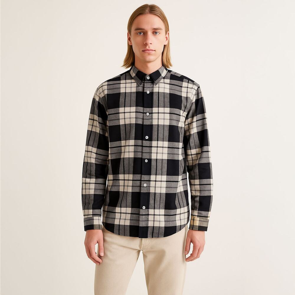 H&M Plaid Button Down Shirt Black Cream Gray Sz Medium